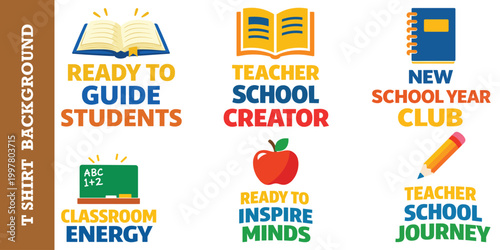 Professional teacher appreciation graphics for apparel featuring school book illustrations.