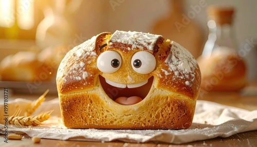 Funny Bread Character with Big Eyes and Smile.