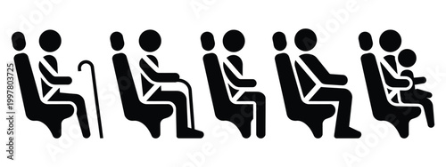 Bundle pictogram priority passenger on bus and train, for woman baby pregnant woman elderly handicap person, public transport accessibility icons set, clear inclusive symbols for seating guidance 