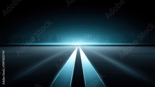Futuristic road with glowing lines leading towards a bright light in a dark cityscape background, showcasing innovation and technology in digital landscapes