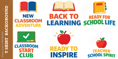 Back to school badge collection with educational quotes and cute classroom graphic elements.