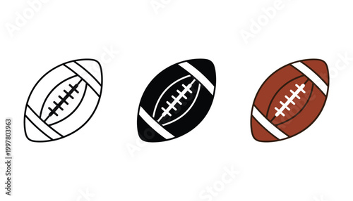 Three footballs in different styles and colors including white black and brown isolated on a plain background showcasing minimalistic and realistic designs