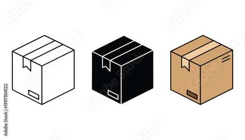 Three minimalist cardboard boxes in white black and brown with simple designs and clean edges for packaging and shipping isolated on a white background