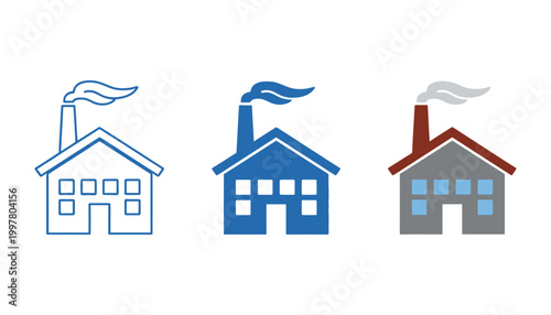 Three stylized houses with chimneys emitting smoke illustrated in blue gray and outline designs on a white background