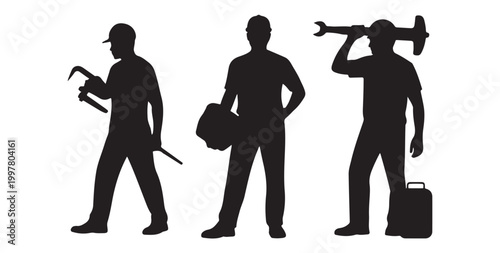 Construction worker silhouettes set with tools representing builder labor maintenance repair industrial engineering poses