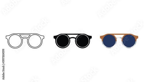 Three pairs of stylish round sunglasses displayed side by side with minimalist frames in white black and wood with blue lens