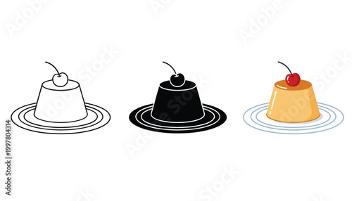 Three stylish desserts on white plates with minimalist design including a fruit topping with cherry in vibrant colors