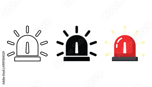 Three distinct emergency siren illustrations featuring white black and red designs with bold outlines and vibrant highlights for urgency