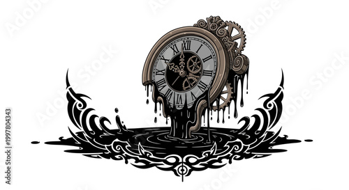 Melting Clock with Gears and Black Ink Splash