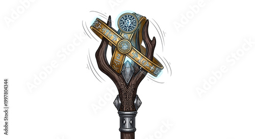 Magical staff with glowing runes and crystal