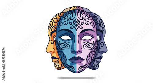 Multiple faces masks with ornate patterns, representing identity, personality, disguise, and illusion