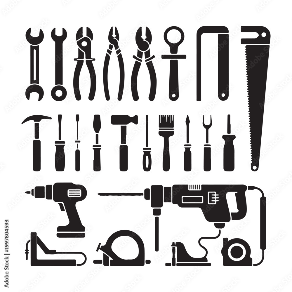 Fototapeta premium Construction tools icon set silhouette representing hardware repair maintenance industrial equipment UI design collection