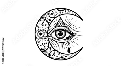 Mystical Crescent Moon with All-Seeing Eye and Tears
