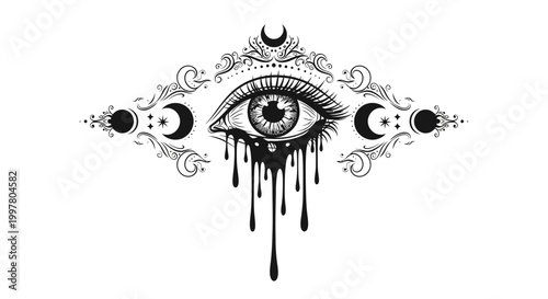 Mystical Eye With Moon Phases And Dripping Ink