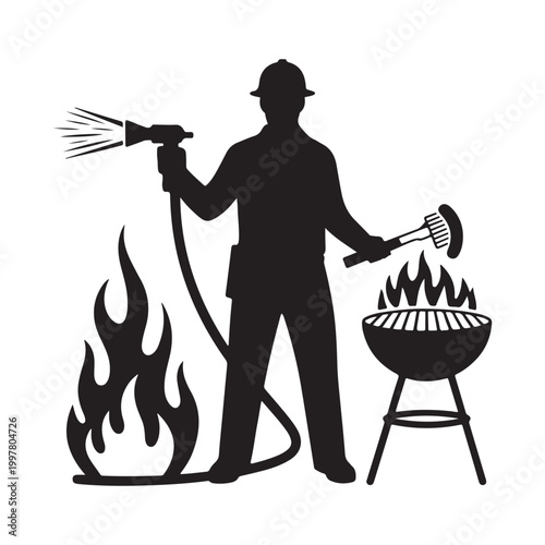 Firefighter grilling silhouette representing funny BBQ concept hero multitasking cooking fire rescue professional