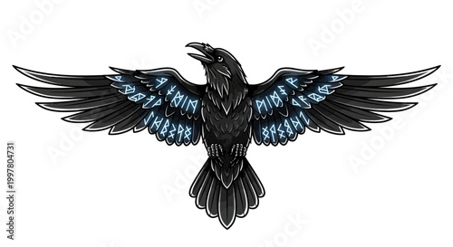 Mythical Raven with Runes on Wings, Spreading Wings, White Background