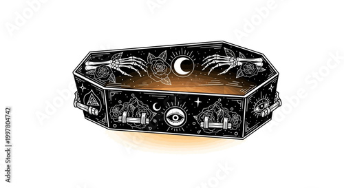 Occult coffin with mystical symbols, moon, sun, and skeleton hands