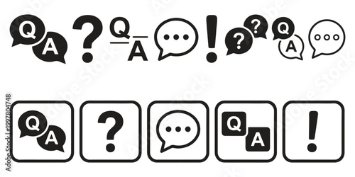 FAQ question answer icon set silhouette representing chat support help communication UI interface symbols