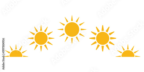 Day cycle and movement path sun icon, sunshine sunrise or sunset, circular solar phases illustration with full and half sun shapes, modern minimal vector symbols
