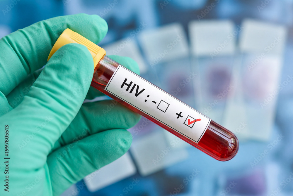 Obraz premium Hand in green glove holding positive HIV blood test tube