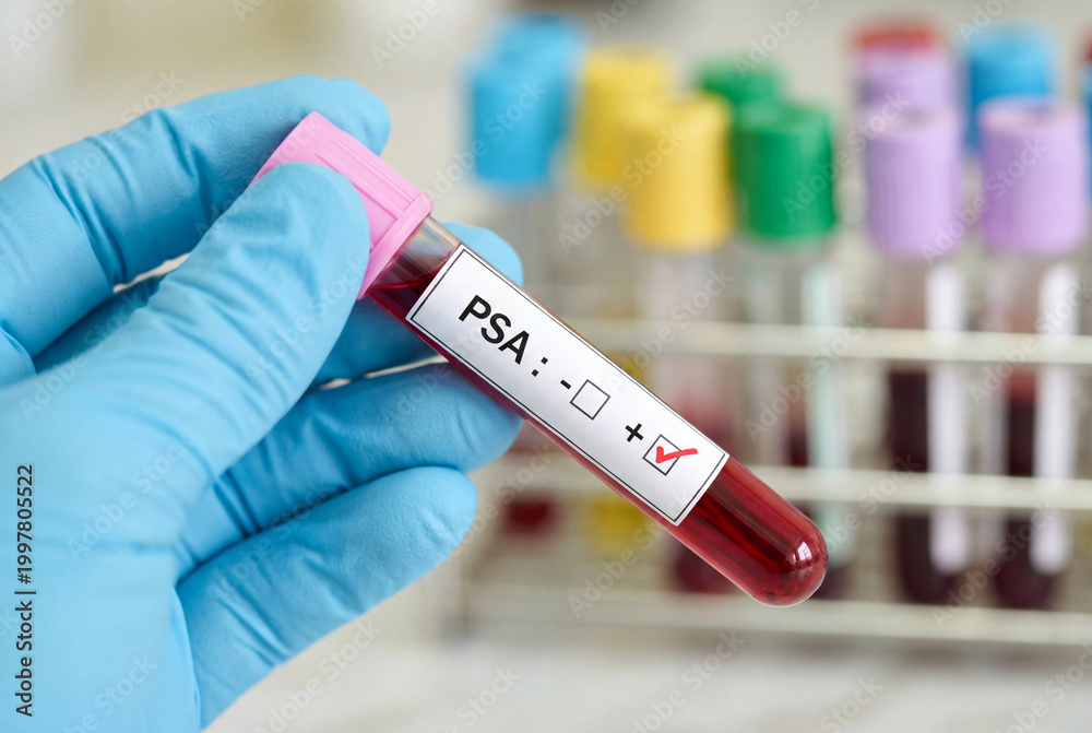 Obraz premium Hand in blue glove holding positive PSA blood test tube