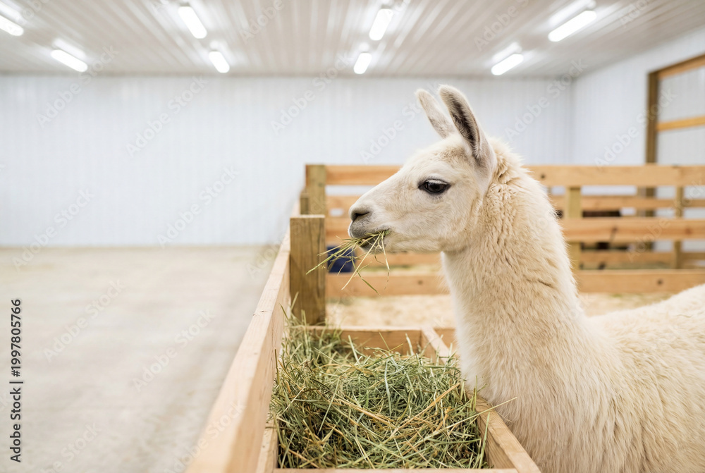 Fototapeta premium A calm white llama eating fresh hay from a wooden feeder in a clean modern farm barn
