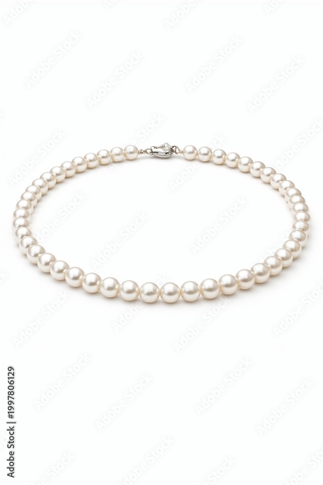 Fototapeta premium White Freshwater Pearl Necklace with Silver Clasp Isolated on White