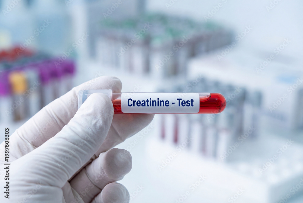 Fototapeta premium Gloved hand holding blood sample tube labeled creatinine test in lab