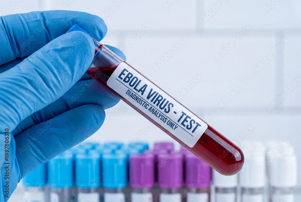 Obraz premium Researcher holds a blood sample in a test tube for an ebola virus test in a lab
