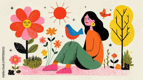 Modern flat illustration of woman with flowers and bird, minimal colorful design with clean composition and creative lifestyle concept Pop art for decoration and mindfulness background