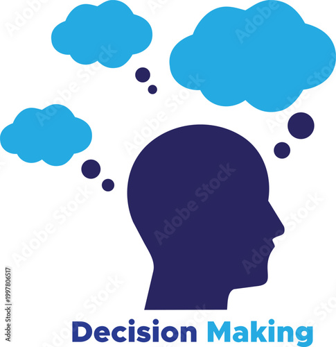 Conceptual illustration of decision making with a human head silhouette and thought bubbles