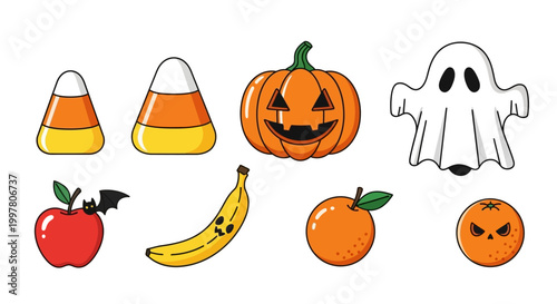 A Halloween-themed illustration of a ghost, jack-o-lantern, candy corn, and various fruits on a white background.