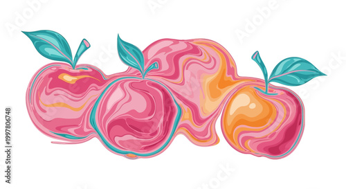 Vibrant illustration of four apples with leaves on a white background showcasing colorful swirling patterns.