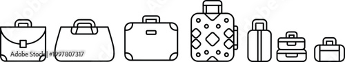 Assortment of black outline luggage and bags on white background Keywords: luggage, bag, suitcase, travel, baggage, collection