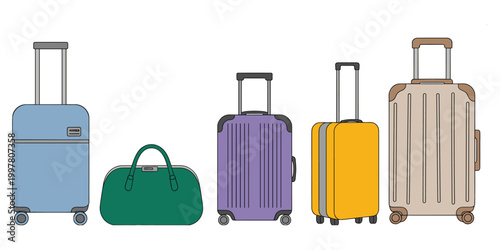 Assortment of colorful luggage including suitcases and a duffel bag Keywords: luggage, suitcase, travel, vacation, trip, journey