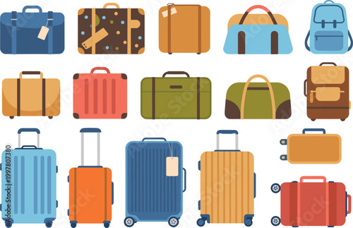 Assortment of travel luggage and bags in various colors and styles Keywords: luggage, suitcase, bag, backpack, duffel bag, travel
