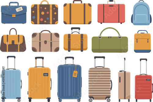 Assortment of travel luggage and bags in various colors and styles Keywords: luggage, suitcase, bag, backpack, duffel bag, travel