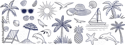Blue hand-drawn summer beach icons and elements arranged horizontally on a white background Keywords: beach, summer, vacation