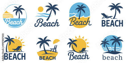 Collection of beach logos with palm trees sun ocean and lounge chairs Keywords: beach, palm tree, sun, ocean, sea, waves, lounge