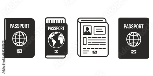 Collection of black and white passport icons on a white background Keywords: passport, travel, document, identification, book