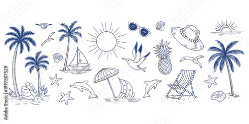 Collection of blue hand-drawn summer beach icons and elements on a white background Keywords: beach, summer, vacation, travel