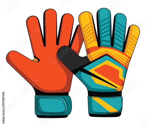 Football or soccer goalkeeper glove isolated on white, sport equipment, vector, protective hand gear for goalkeepers, detailed design with padded structure and grip texture for professional play