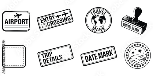 Collection of travel and airport related rubber stamp icons and symbols Keywords: airport, entry crossing, travel mark, date