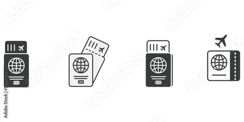 Set of Four Black and White Passport and Boarding Pass Icons travel symbol