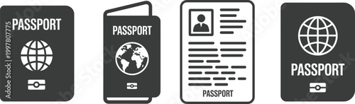 Set of passport and travel document icons with globe and portrait elements Keywords: passport, travel document, visa