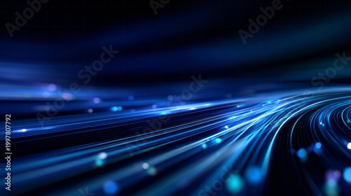 Bright blue light streaks rush forward on a dark background.