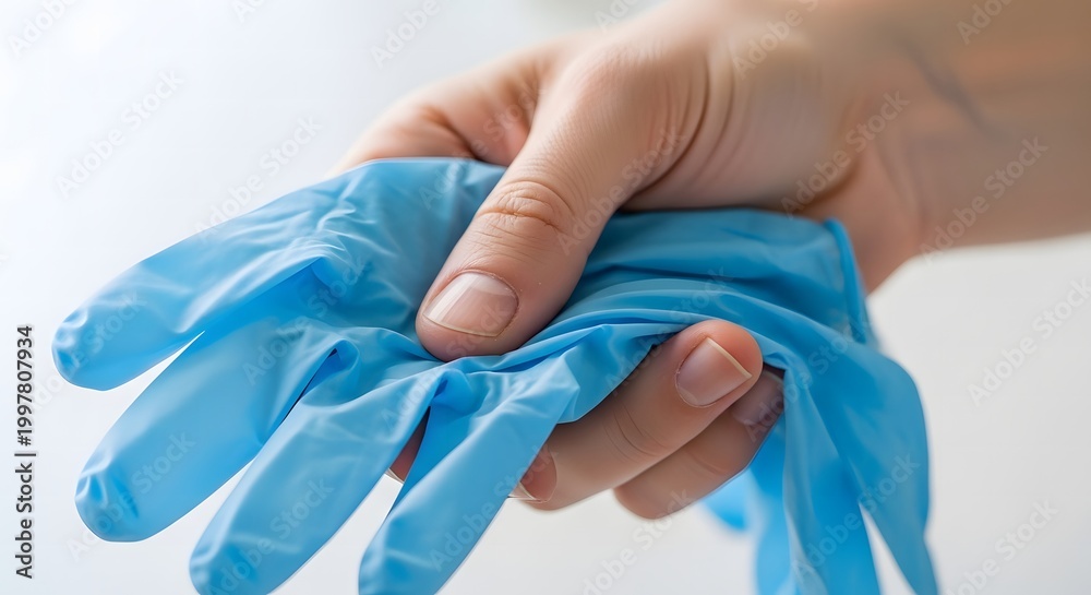 Fototapeta premium Close-up of hand holding medical gloves, healthcare photo