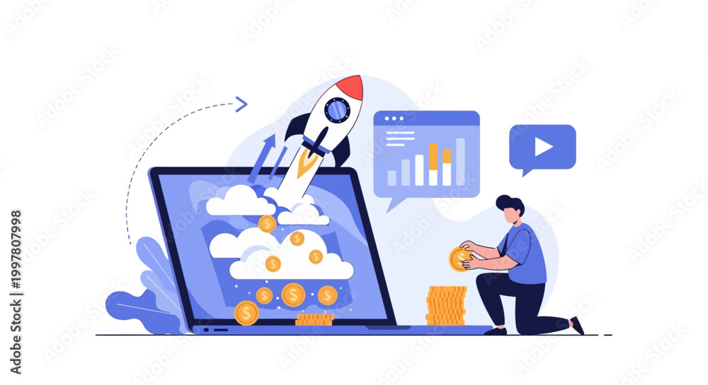 Obraz premium Digital Marketing Launch with Rocket and Cloud Computing.