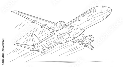 Detailed Line Art Drawing of a Commercial Passenger Airplane in Flight.