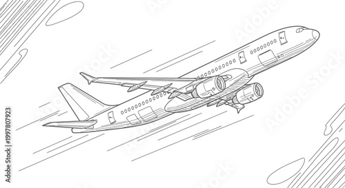 Detailed Line Art Drawing of a Commercial Passenger Airplane in Flight.